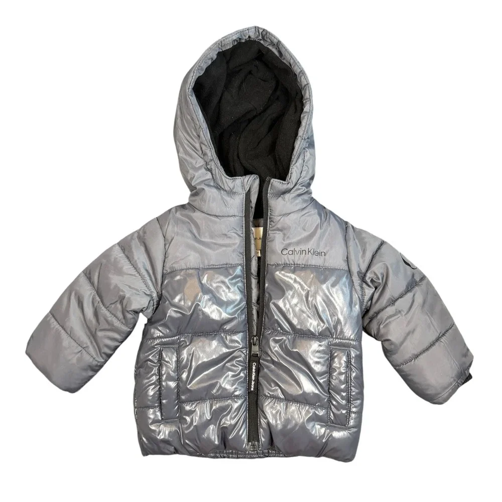 Calvin Klein Jeans Puffer Jacket Baby 12M Silver Metallic Hooded CK Logo Coat